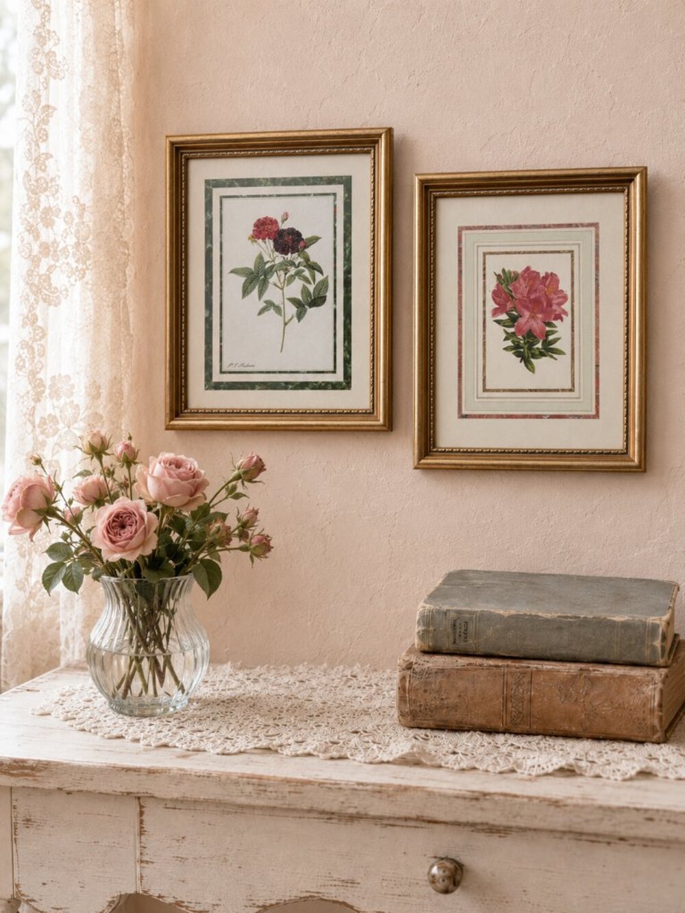 Vintage‎ Botanical Floral Prints Redouté Style Gold Frames Pair 9x11